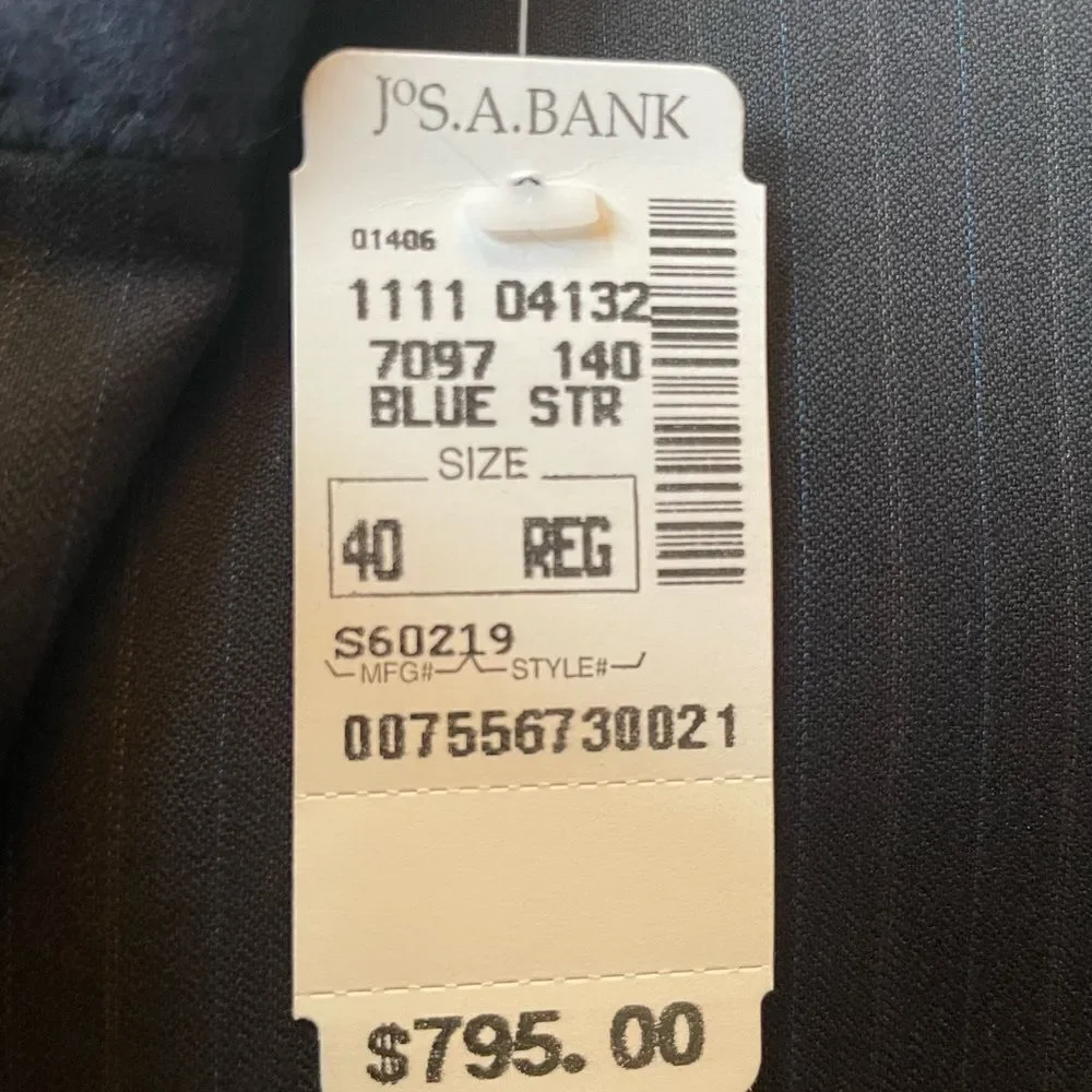 Navy Blue Pin Stripe Jos. A. Bank Signature Collection Suit 100% Wool 40R NWT